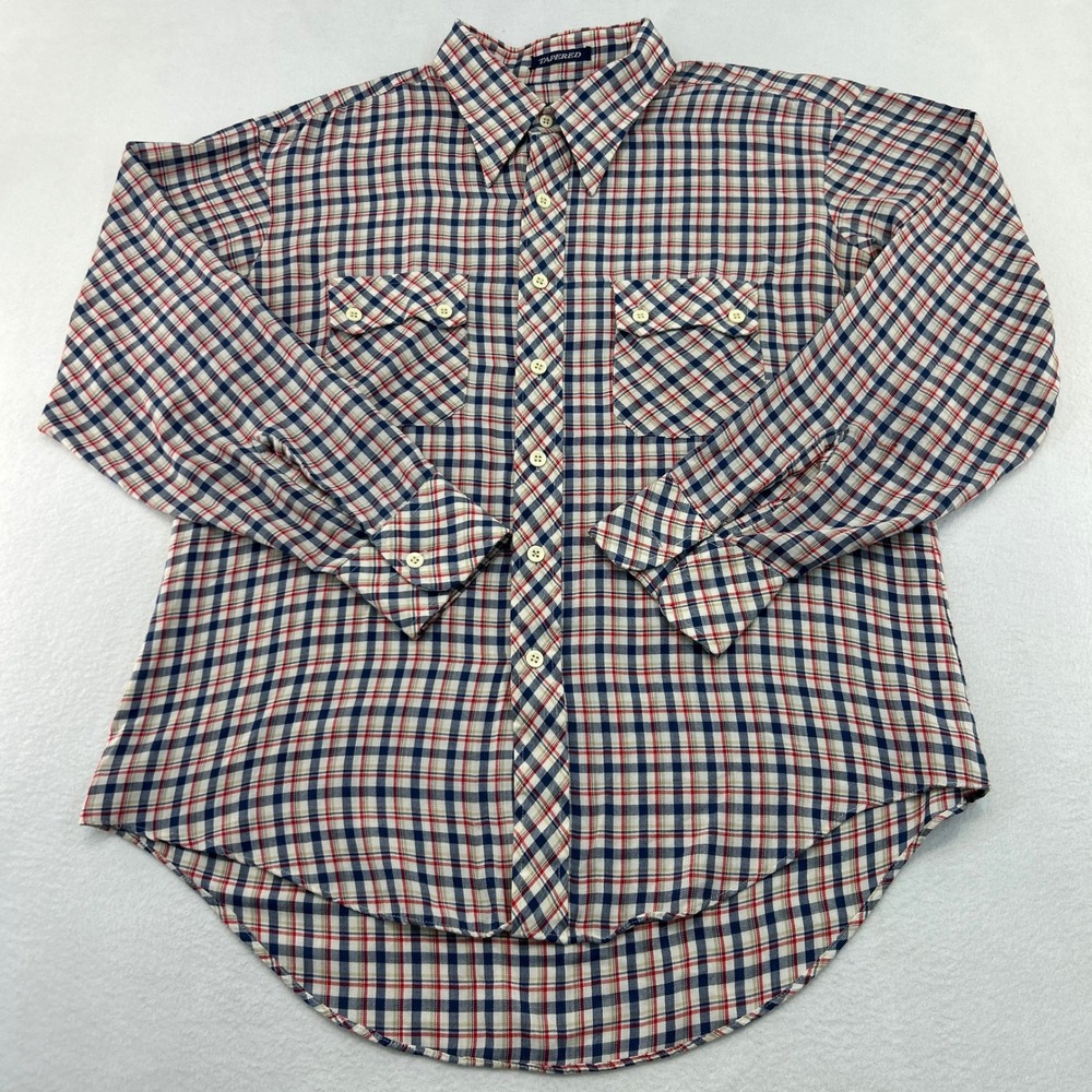 Esprit by Campus Mens XL Tapered Plaid Button Down Shirt Red White Blue 1346